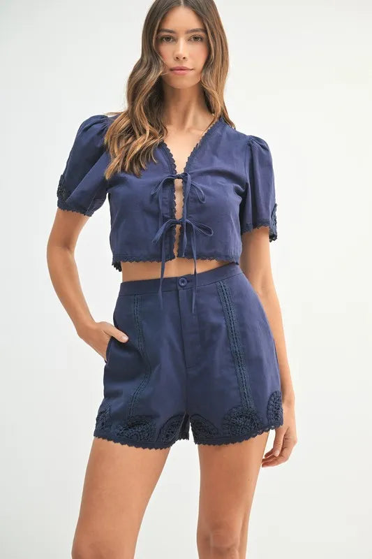 Crochet Lace Detail Crop Top and Shorts Set