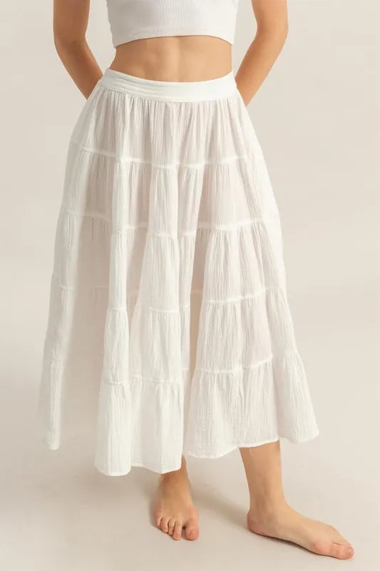 Double Gauze Tiered Midi Skirt with Pockets