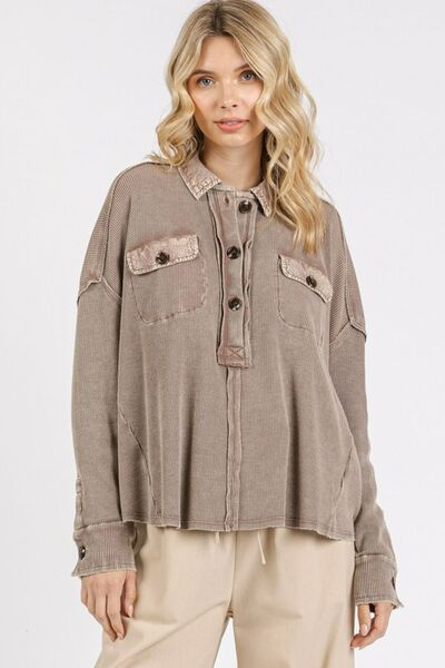 Mineral Wash Waffle Knit Collared Neck Henley Top