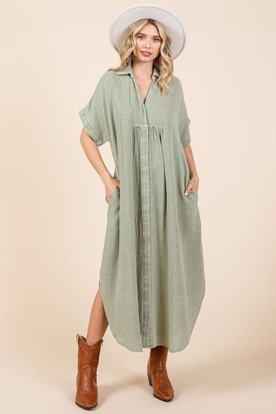Mineral Wash V Neck Button Up Midi Shirt Dress