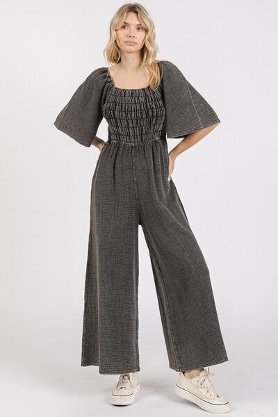 Mineral Wash Gauze Ruched Wide Leg Jumpsuit