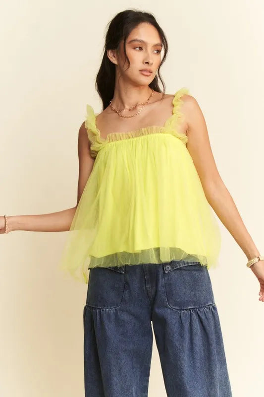 Shirred Ruffle Strap Tulle Babydoll Top