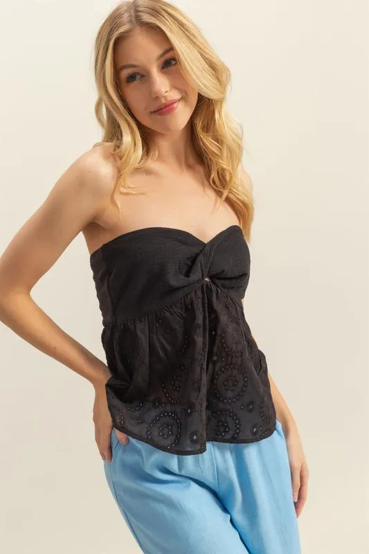 Eyelet Twisted Sweetheart Neck Tube Top