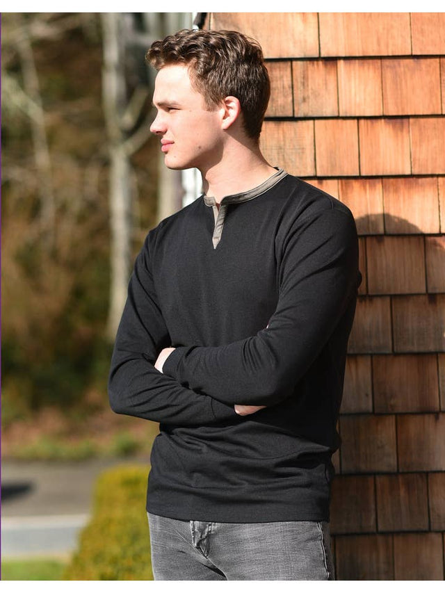 Long Sleeve Henley Slit Collar (Black)