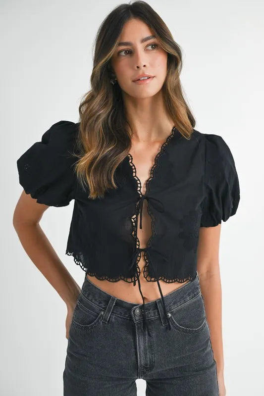 Embroidered Short Bubble Sleeve Crop Top