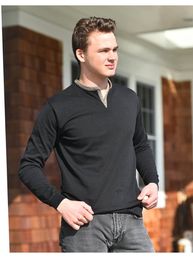 Long Sleeve Henley Slit Collar (Black)