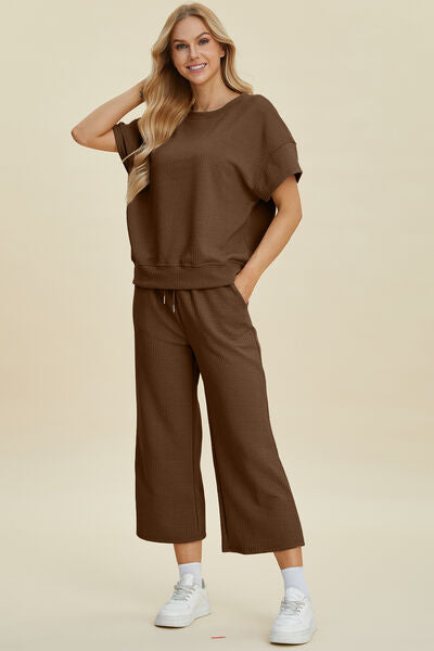 Full Size Texture Round Neck Top and Pants Set