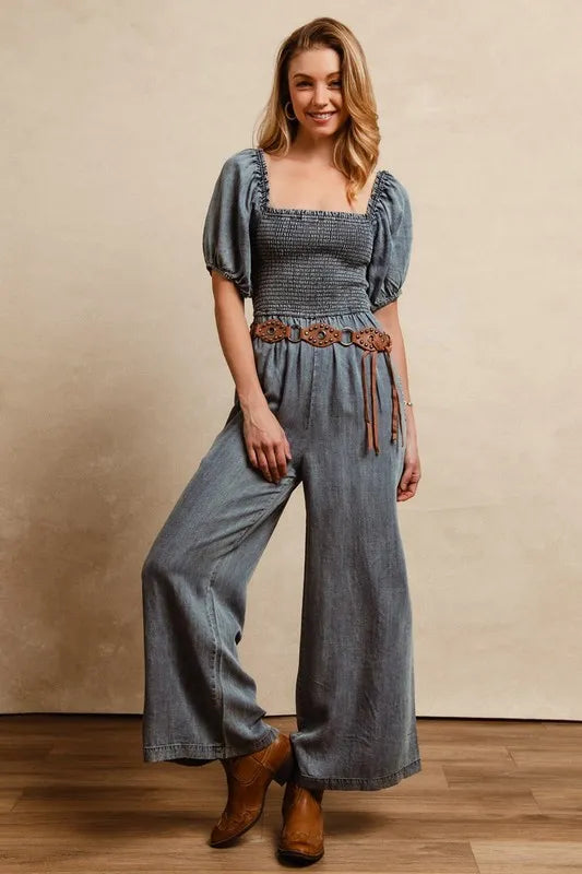Smocked Washed Puff Sleeve Square Neck Denim Jumpsuit