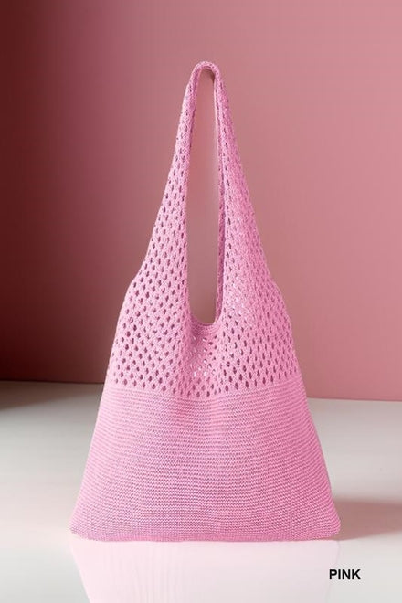 Crochet Mesh Half Pointelle Knit Tote Bag