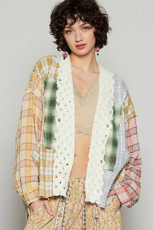 Raw Edge Plaid Open Front Cardigan