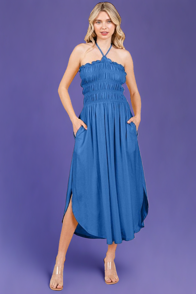 Tie Back Shirring Dress with Pockets