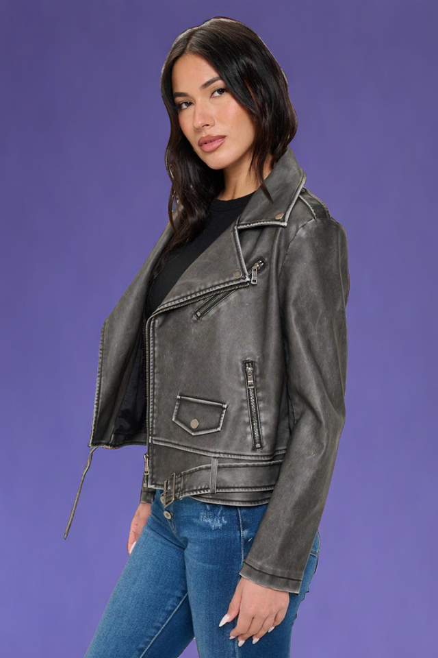 Zip Up Biker Jacket with Belt