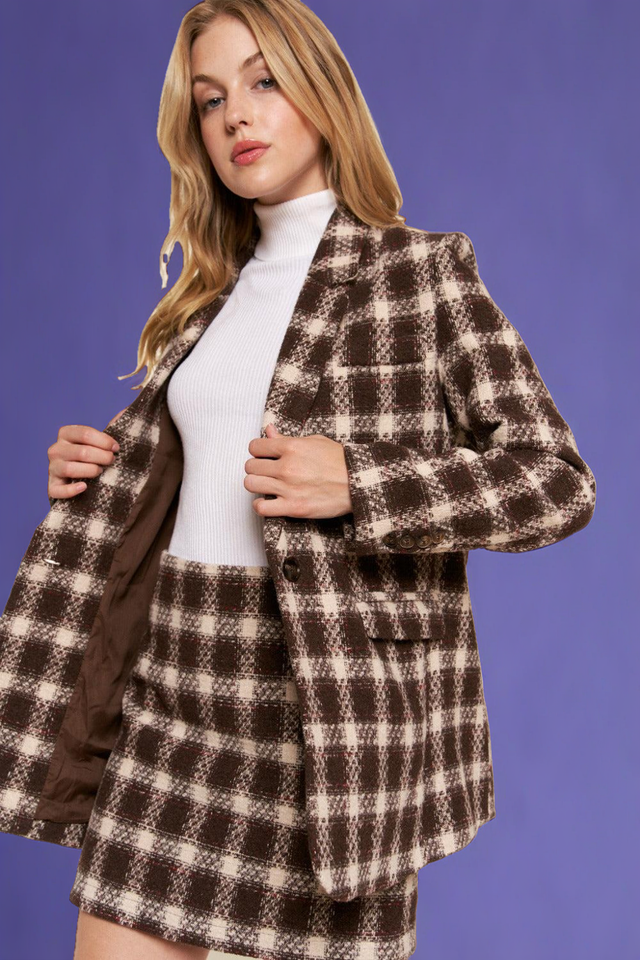 Full Size Plaid Brushed One Button Blazer