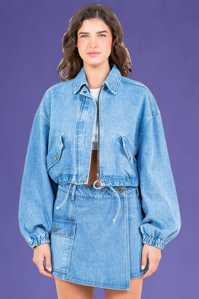 Drawstring Waist Crop Denim Jacket