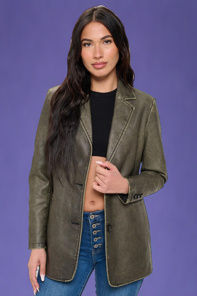 Single-Breasted Vegan Leather Blazer