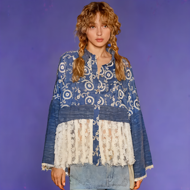 Lace Hem Embroidered Long Sleeve Shirt