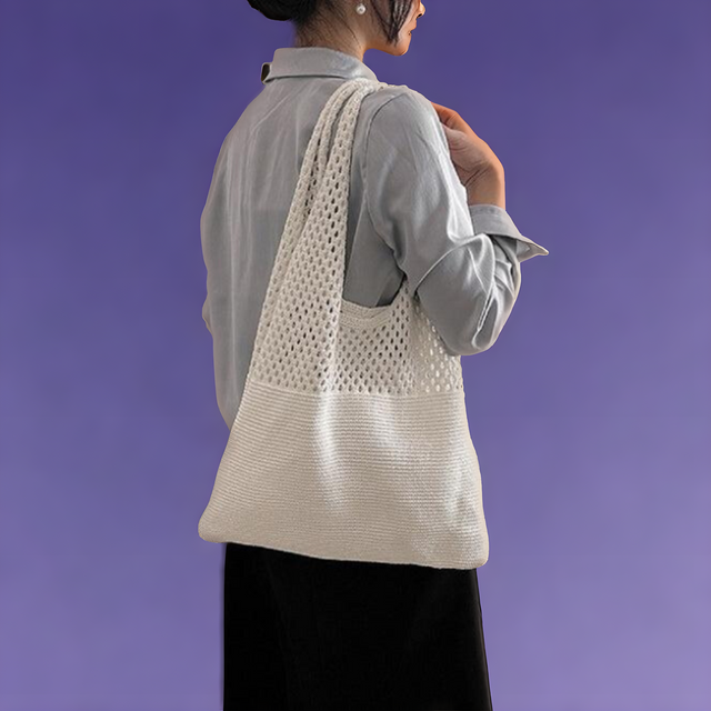 Crochet Mesh Half Pointelle Knit Tote Bag