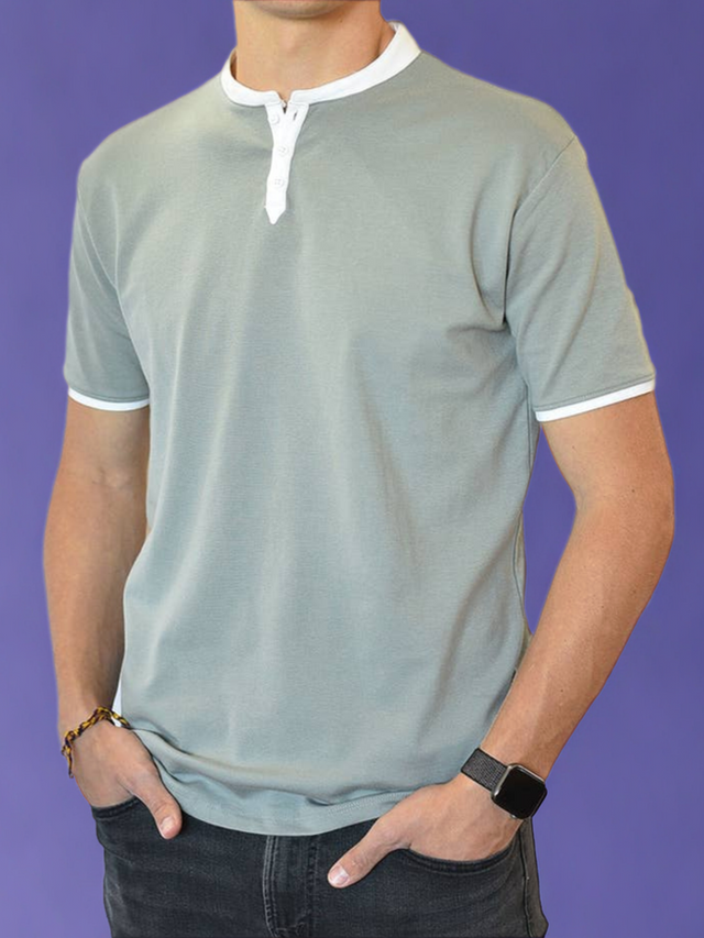 Short Sleeve Henley (Sea Gray & White)