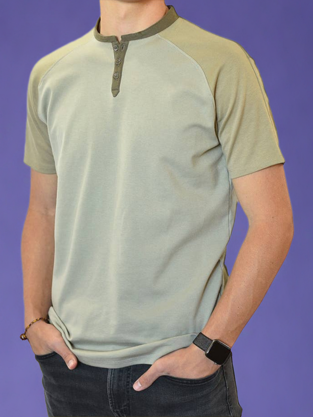 Short Sleeve Henley (Green & Brown)