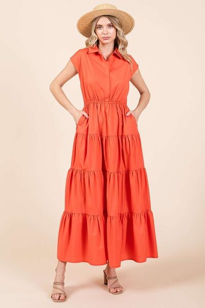 Button Up Collared Tiered Maxi Shirt Dress