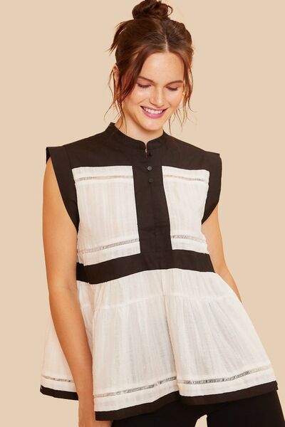 Contrast Trim Peplum Button Detail Blouse