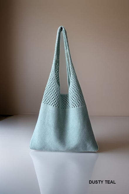 Crochet Mesh Half Pointelle Knit Tote Bag