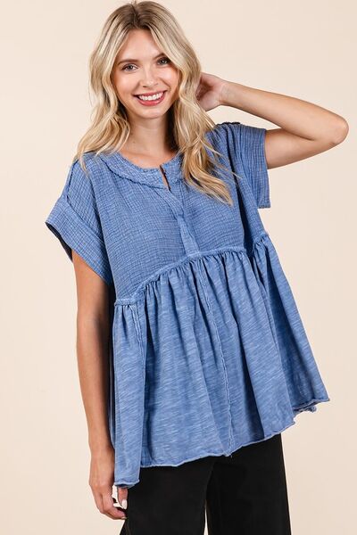 Mixed Media Mineral Wash Babydoll Short Sleeve Blouse