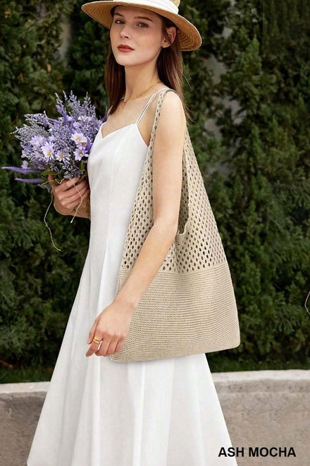 Crochet Mesh Half Pointelle Knit Tote Bag