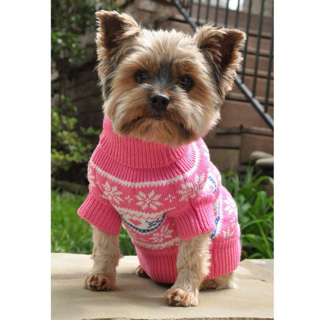Combed Cotton Snowflake and Hearts Pet Sweater - Pink