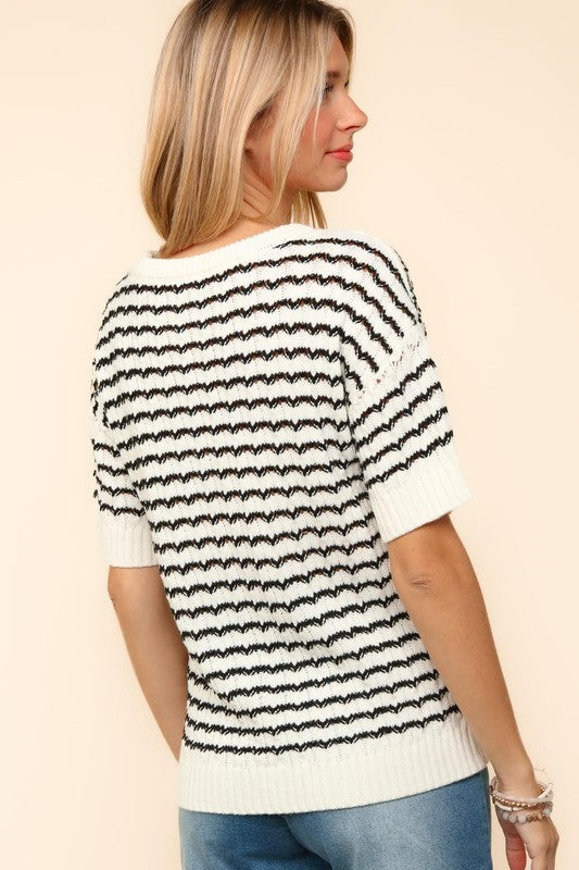 Haptics Openwork Striped Round Neck Half Sleeve Knit Top