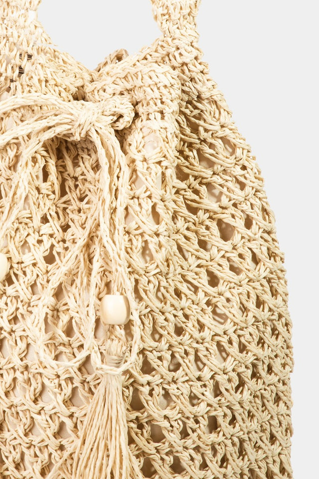 Fame Straw Braided Drawstring Tote Bag with Tassel