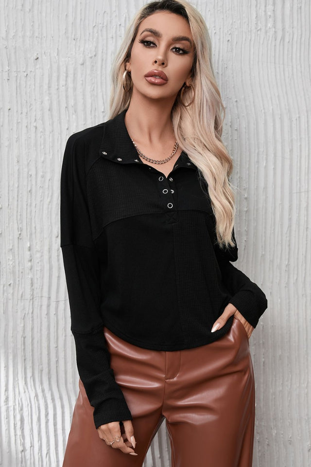 Ribbed Knit Henry Collar Long Sleeve Top