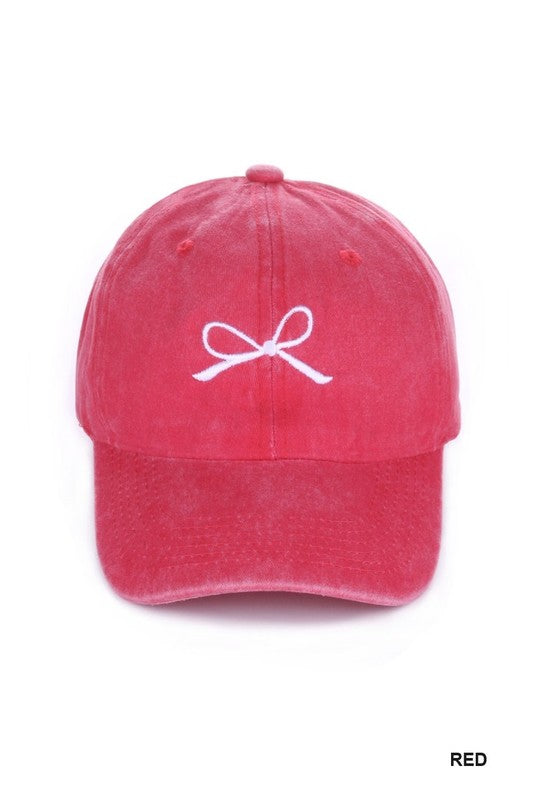 Coquette Ribbon Bow Embroidery Washed Hat