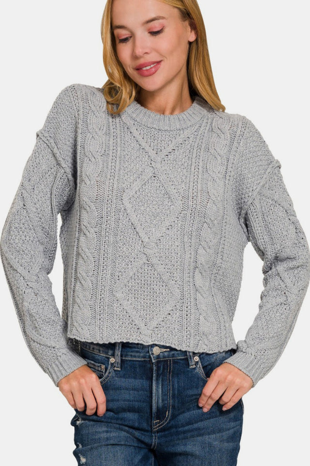 Cropped High Low Cable Sweater