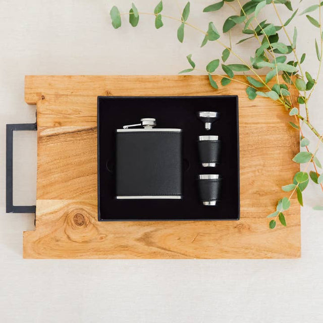 Faux Leather Wrapped Flask Set