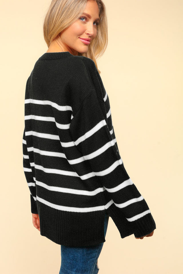 Striped Contrast Side Slit Sweater