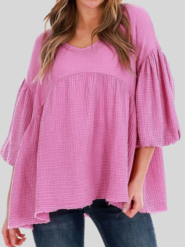 Lantern Sleeve Round Neck Blouse