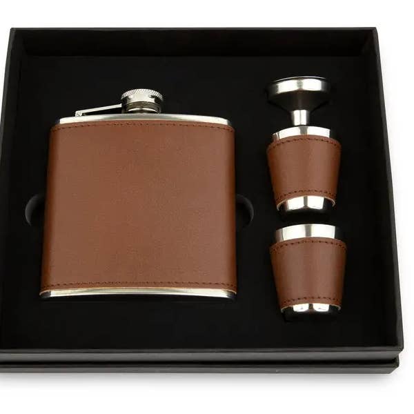 Faux Leather Wrapped Flask Set