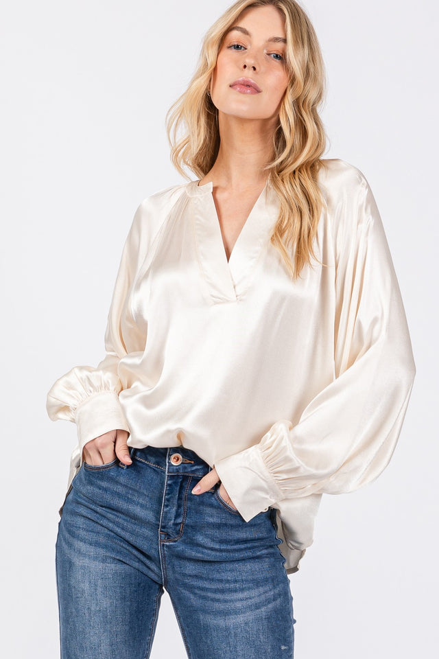 Notched Long Sleeve Blouse