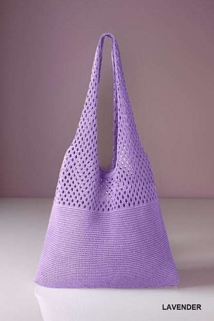 Crochet Mesh Half Pointelle Knit Tote Bag