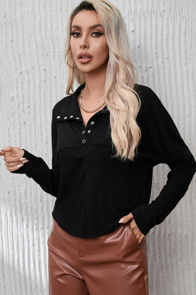 Ribbed Knit Henry Collar Long Sleeve Top