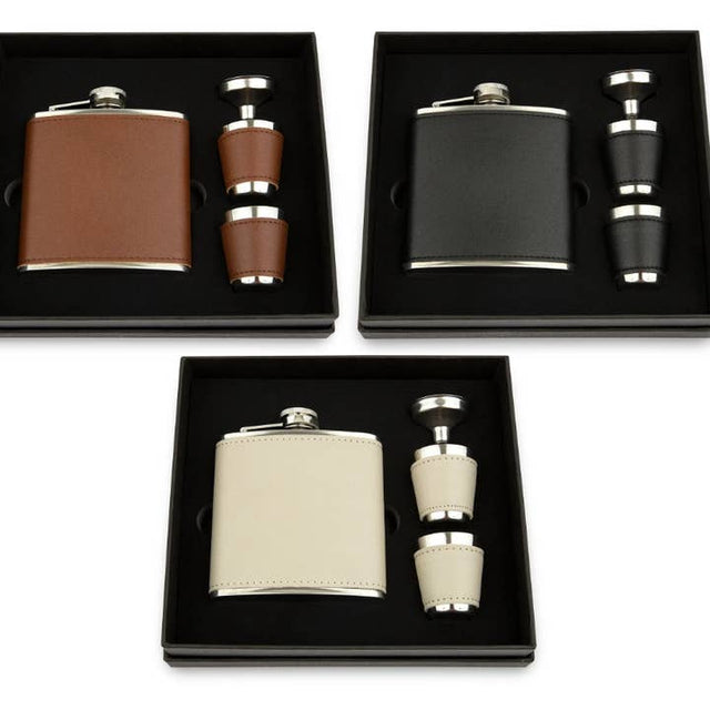 Faux Leather Wrapped Flask Set