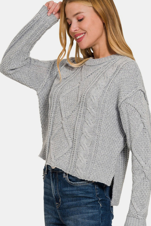 Cropped High Low Cable Sweater