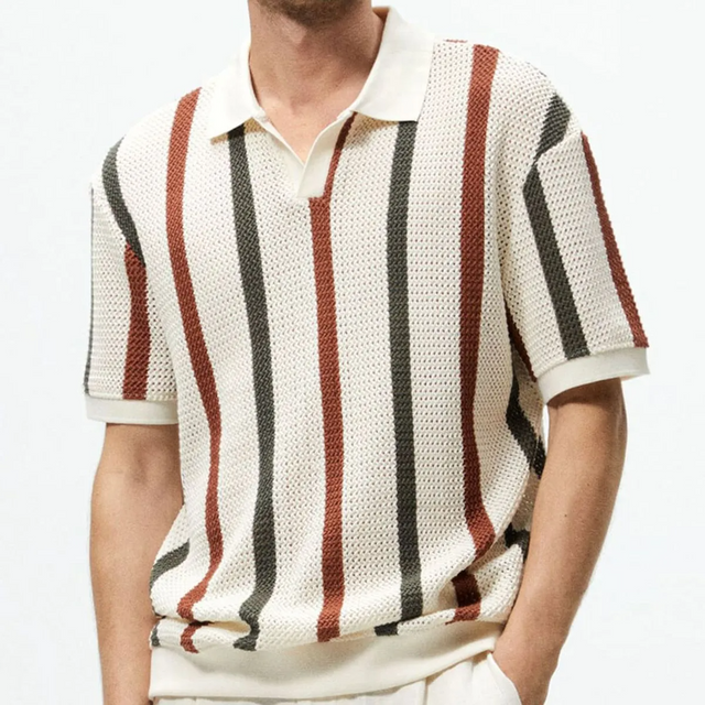 Striped Openwork Knitted Short Sleeve Lapel Polo Shirt