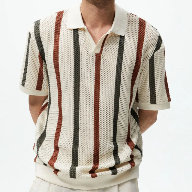 Striped Openwork Knitted Short Sleeve Lapel Polo Shirt