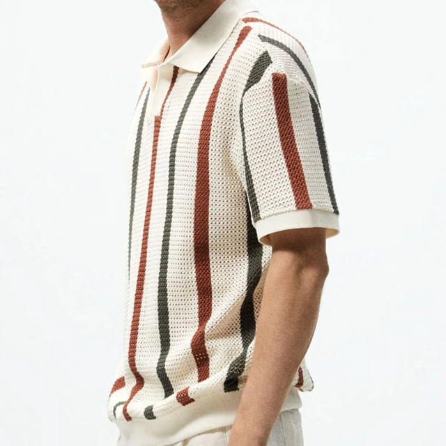 Striped Openwork Knitted Short Sleeve Lapel Polo Shirt