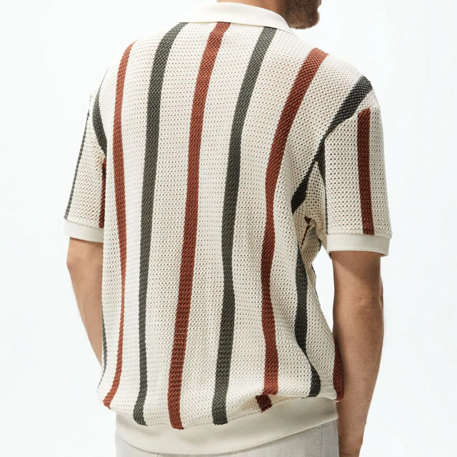 Striped Openwork Knitted Short Sleeve Lapel Polo Shirt