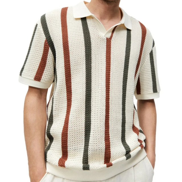 Striped Openwork Knitted Short Sleeve Lapel Polo Shirt