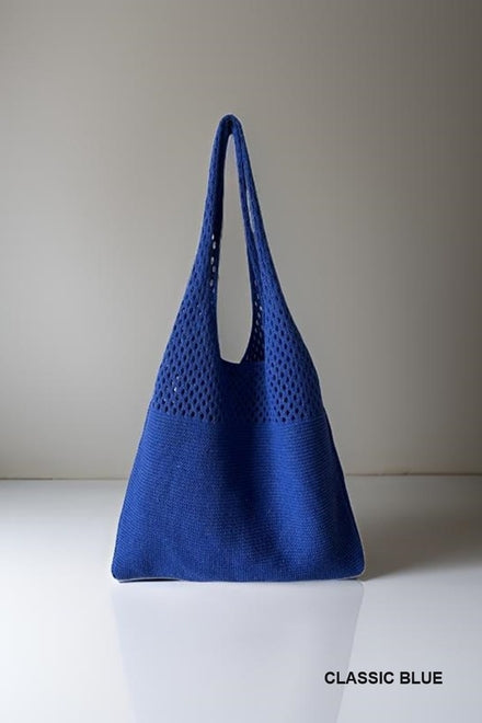 Crochet Mesh Half Pointelle Knit Tote Bag