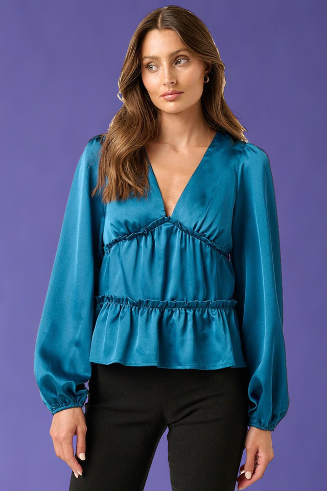 Satin V Neck Ruffled Tier Blouse